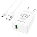 Сетевой адаптер питания BOROFONE BA66A 1 USB QC 3.0 + кабель Micro (белый)
