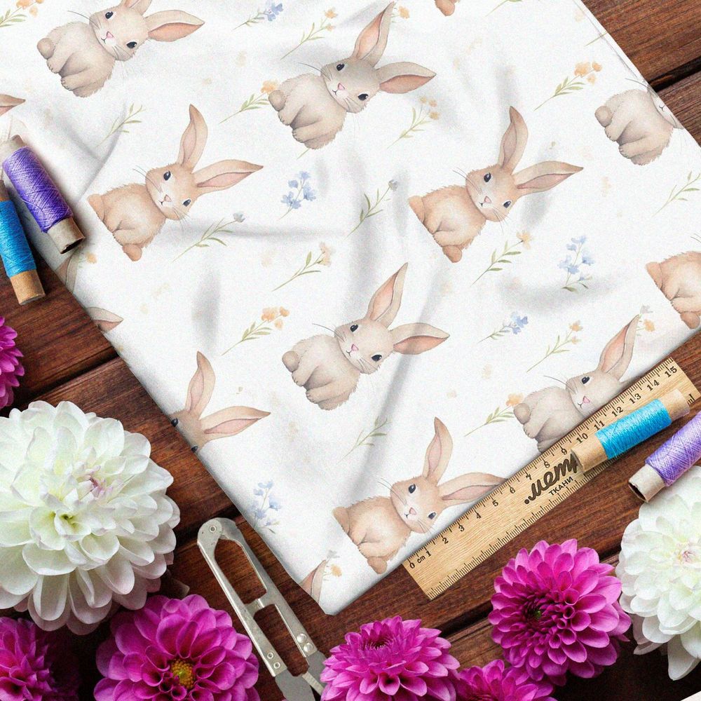 Ткань Ниагара Софт зайцы в полевых цветах