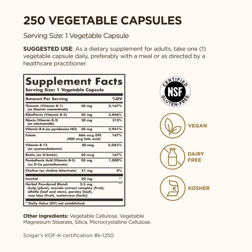 Solgar, B-Complex 50, витамины группы B, 250 растительных капсул