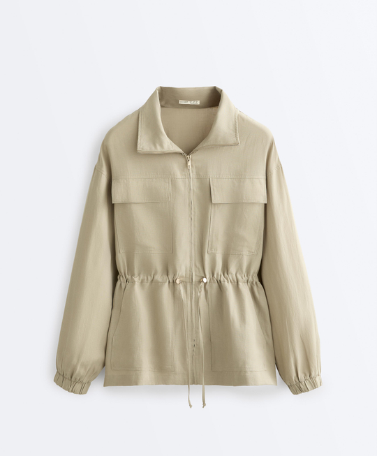 Oysho Куртка с присборенной талией из смеси лиоцелла и 24% льна, бежево-зеленый