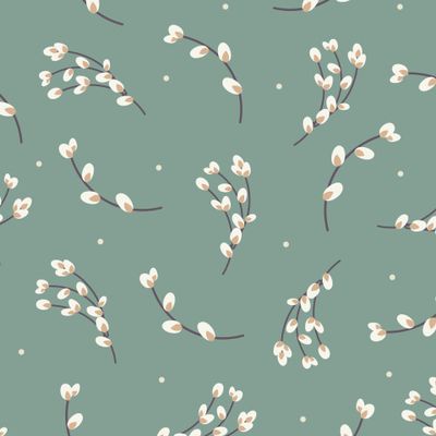 Верба на зеленом фоне. Весенний пасхальный узор