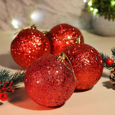 Шар новогодний 4шт 8см с пайетками, цвет красный
