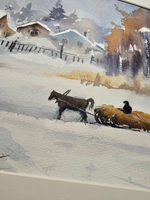 Картина авторская акварельная в паспарту 30х40 см на стену для интерьера "Зима в селе"