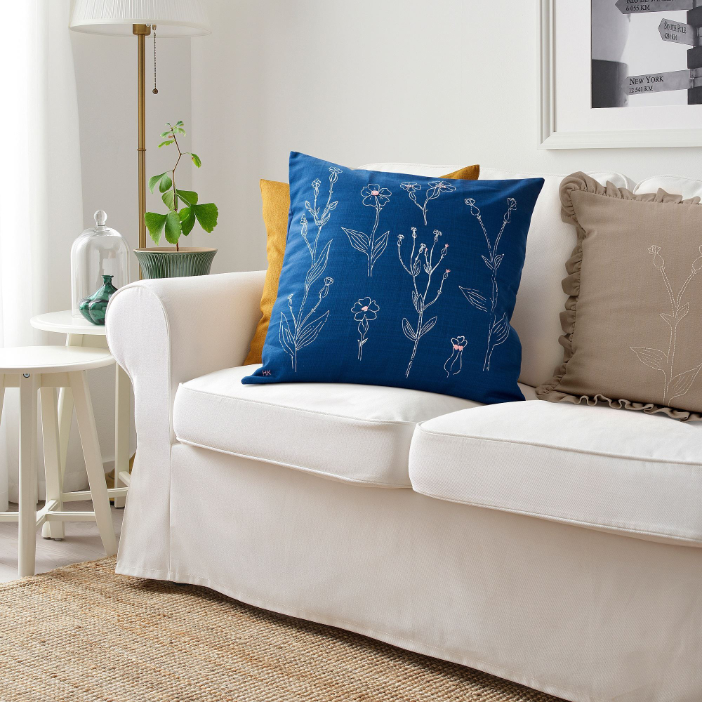 Чехол на подушку IKEA AKERNEJLIKA (АКЕРНЕЙЛИКА), Синий с вышивкой, 50x50 см