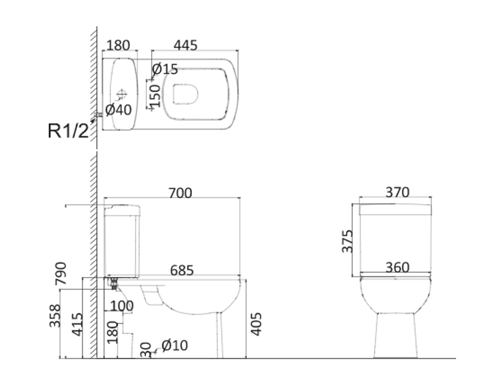 Унитаз-компакт Creo Ceramique TOURS  с тонкой крышкой и сидением микролифт схема
