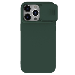 Чехол с MagSafe и с шелковистым покрытием темно-зеленого цвета (Foggy Green) от Nillkin для iPhone 15 Pro Max, серия CamShield Silky Magnetic Silicone Case