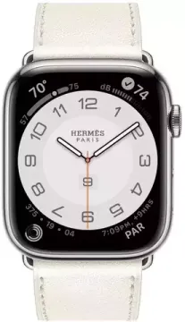 Умные часы Apple Watch Hermès Series 9 45 мм Steel Case , Silver/Blanc Swift Leather Single Tour