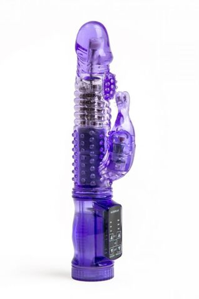 Фиолетовый вибратор-ротатор с клиторальным стимулятором - 22,5 см.