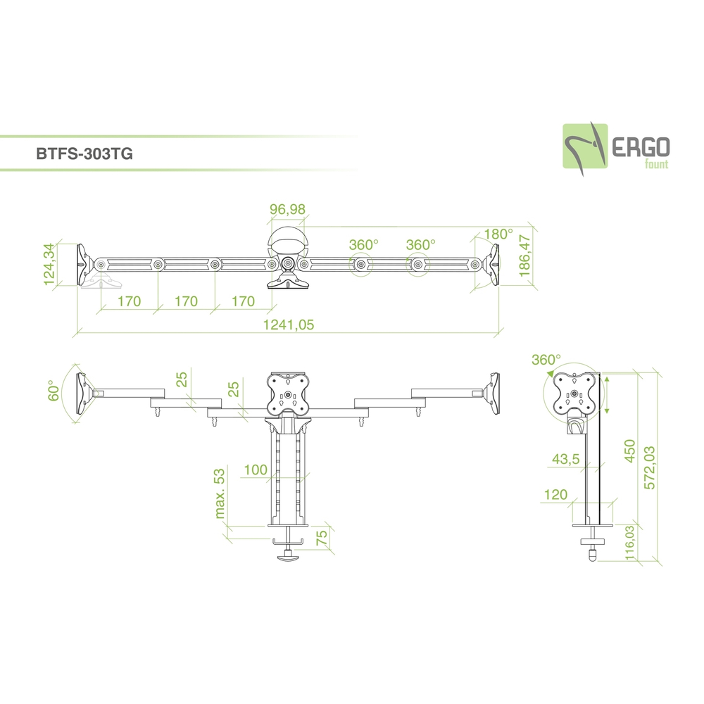 ErgoFount BTFS-303TG Настольное крепление для 3 мониторов диагональю до 24'', два из которых на шарнирных трехколенных вылетах с конфигурацией 1х3 и струбциной к столу типа "G". Цвет - серебристый