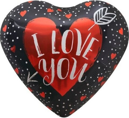 Шар (18""/45 см) Сердце, I Love You, черный с сердечками, 1 шт.
