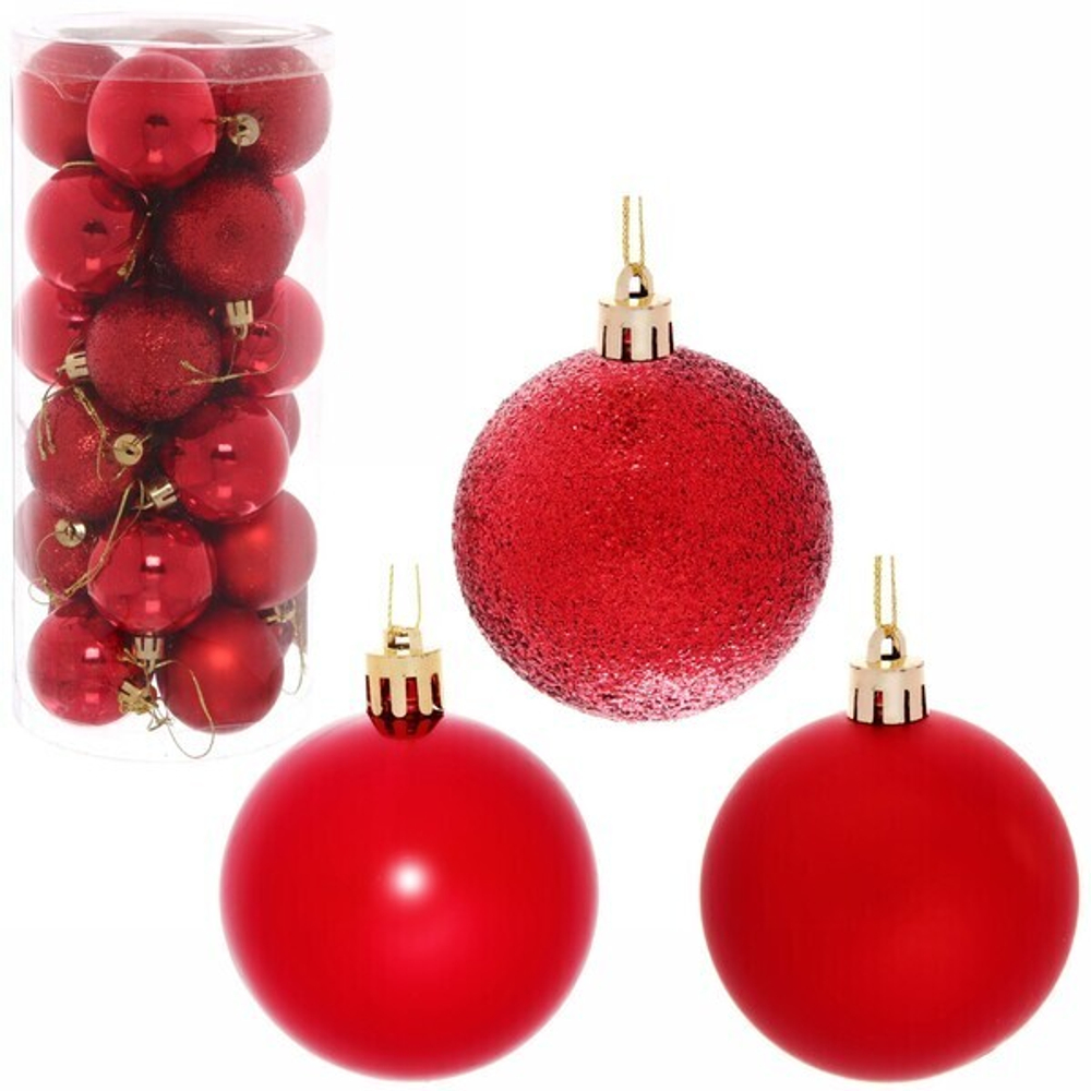 Новогодние шары 7 см (набор 24 шт) «Микс фактур», красный
