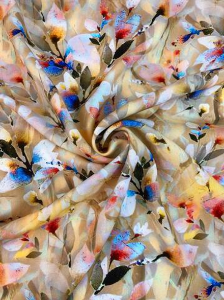 Штапель принт цветы белый/голубой на песочном