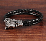 Необычный мужской чёрный браслет из плетёной кожи с головой волка из ювелирной стали Steelman 87333