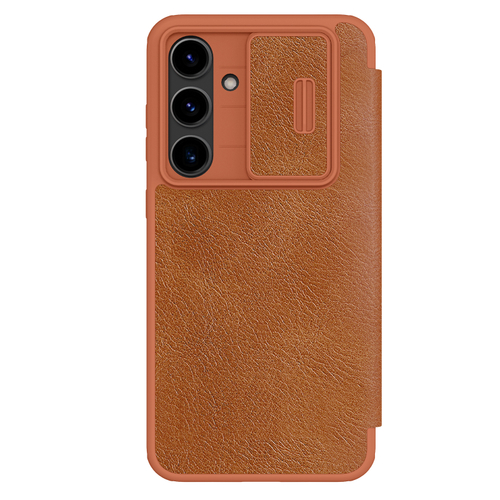 Кожаный чехол книжка коричневого цвета от Nillkin для Samsung Galaxy S24 FE, серия Qin Pro Leather с защитной шторкой для камеры