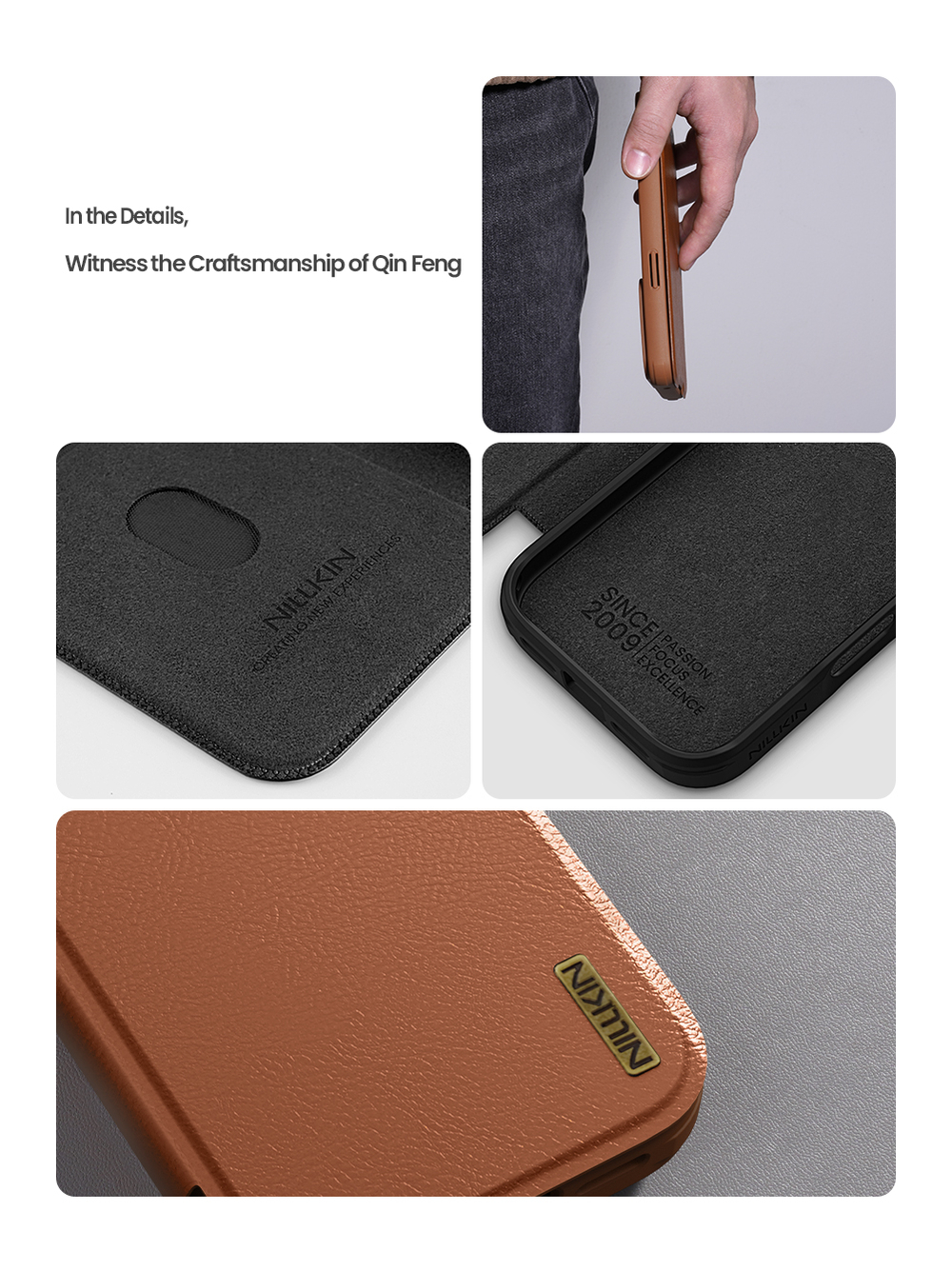Кожаный чехол книжка коричневого цвета для iPhone 17, серия Qin Pro Leather с обновленной сдвижной шторкой от Nillkin