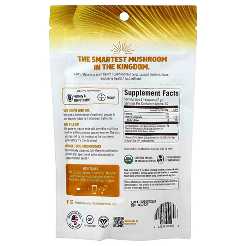 Om Mushrooms, ежовик гребенчатый, 100% сертифицированный органический грибной порошок, 100 г (3,5 унции)