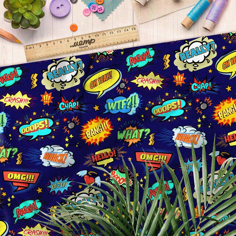 Ткань бифлекс мелкие звуки из комиксов на тёмно-синем фоне