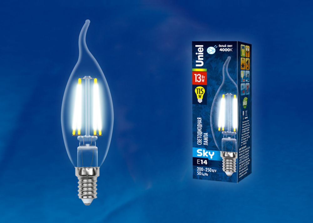 LED-CW35-13W/4000K/E14/CL PLS02WH Лампа светодиодная. Форма свеча на ветру, прозрачная. Серия Sky. Белый свет (4000К). Картон. ТМ Uniel.