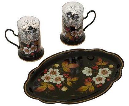 Set of 2 tea glass holders with zhostovo metal tray SET05D10122021004
