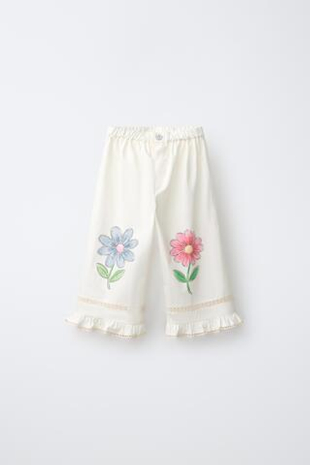 ZARA БРЮКИ WIDE LEG С ЦВЕТОЧНЫМ ПРИНТОМ, ЭКРЮ