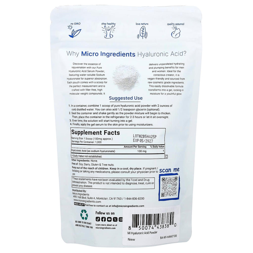 Micro Ingredients, гиалуроновая кислота, в виде порошка, 100 г (3,52 унции)
