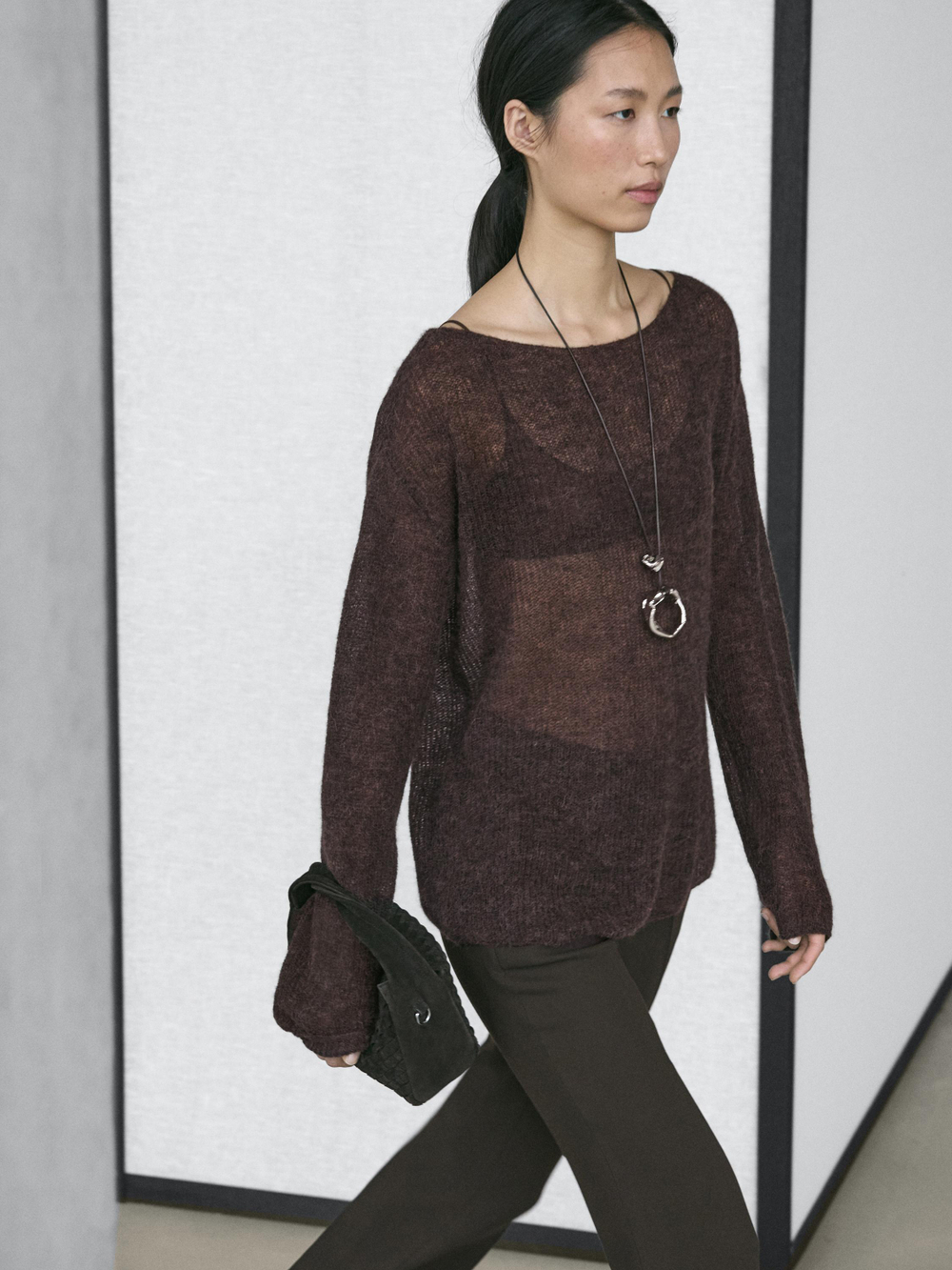 Massimo Dutti Трикотажный свитер из альпаки и шерсти, коричневый