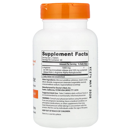 Doctor's Best, L-аргинин, 120 двухслойных таблеток (500 мг в 1 таблетке)