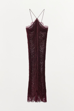 ZARA КРУЖЕВНОЕ ПЛАТЬЕ ХАЛТЕР С БАХРОМОЙ, БОРДОВЫЙ