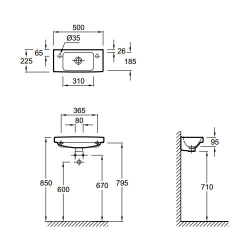 Рукомойник Jacob Delafon Odeon Up 50x22,5 E4701R, смеситель справа, схема