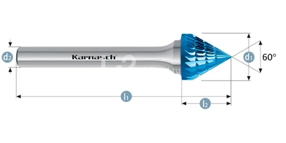 Борфреза твердосплавная Karnasch форма J (зенкер с вершиной 60°), 6х6х6х50 мм, универсальная насечка HP-3, покрытие Blue-Tec, арт. 11.5101-010