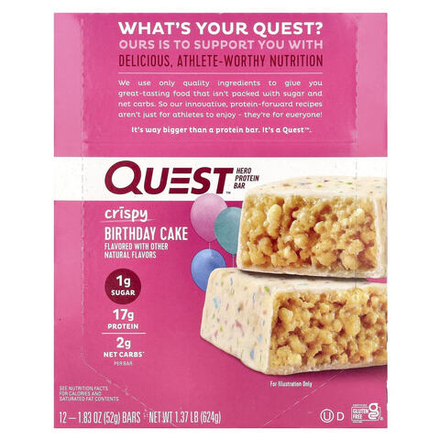 Quest Nutrition, Hero Protein Bar, хрустящий, праздничный торт, 12 батончиков, 52 г (1,83 унции)