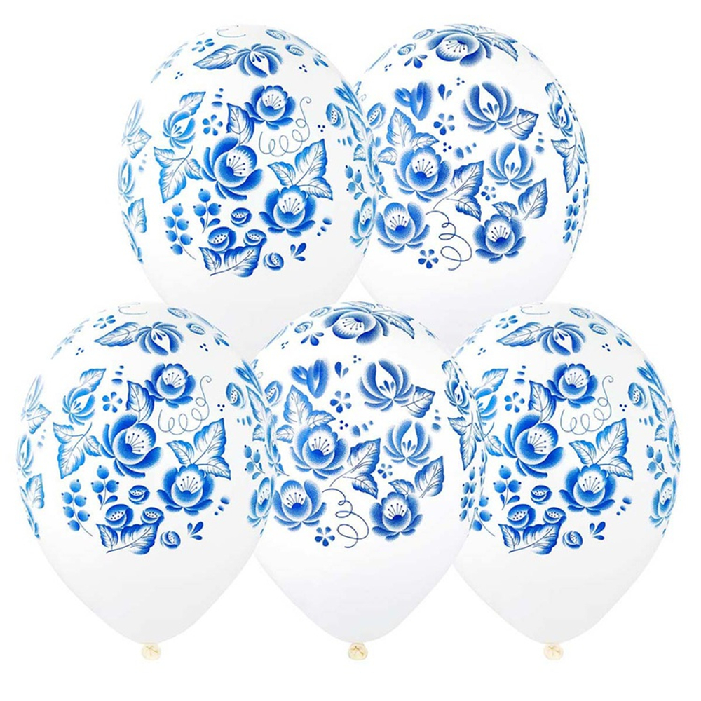 Шар латексный 35см Синие Узоры (Белый)