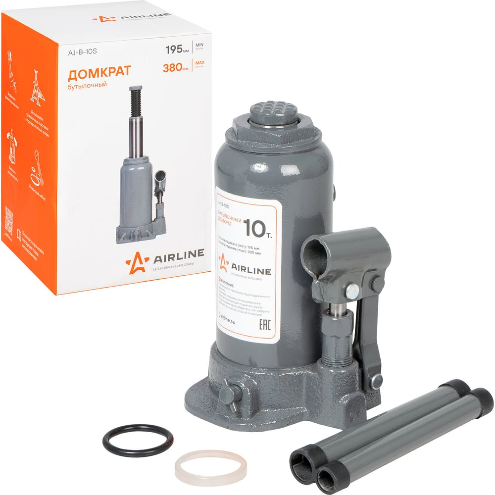 Домкрат автомобильный бутылочный 10 т гидравлический (Высота подхвата 195 мм, Высота подъема 380 мм) AJ-B-10S