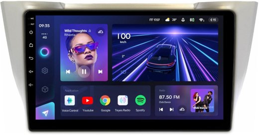 Магнитола для Toyota Harrier XU30 2003-2013, Lexus RX 2003-2009 (монохром, рамка вниз) - Teyes CC3 монитор 10" QLED на Android 10, ТОП процессор, 4Гб+32Гб, CarPlay, 4G SIM-слот