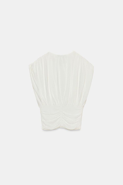 ZARA ТРИКОТАЖНЫЙ ТОП СО СБОРКАМИ, БЕЛЫЙ
