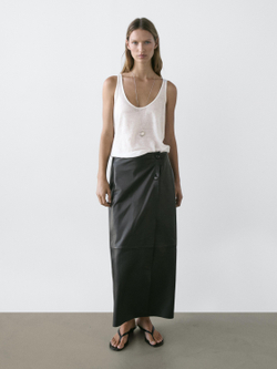 Massimo Dutti Юбка миди из кожи наппа со швами, черный