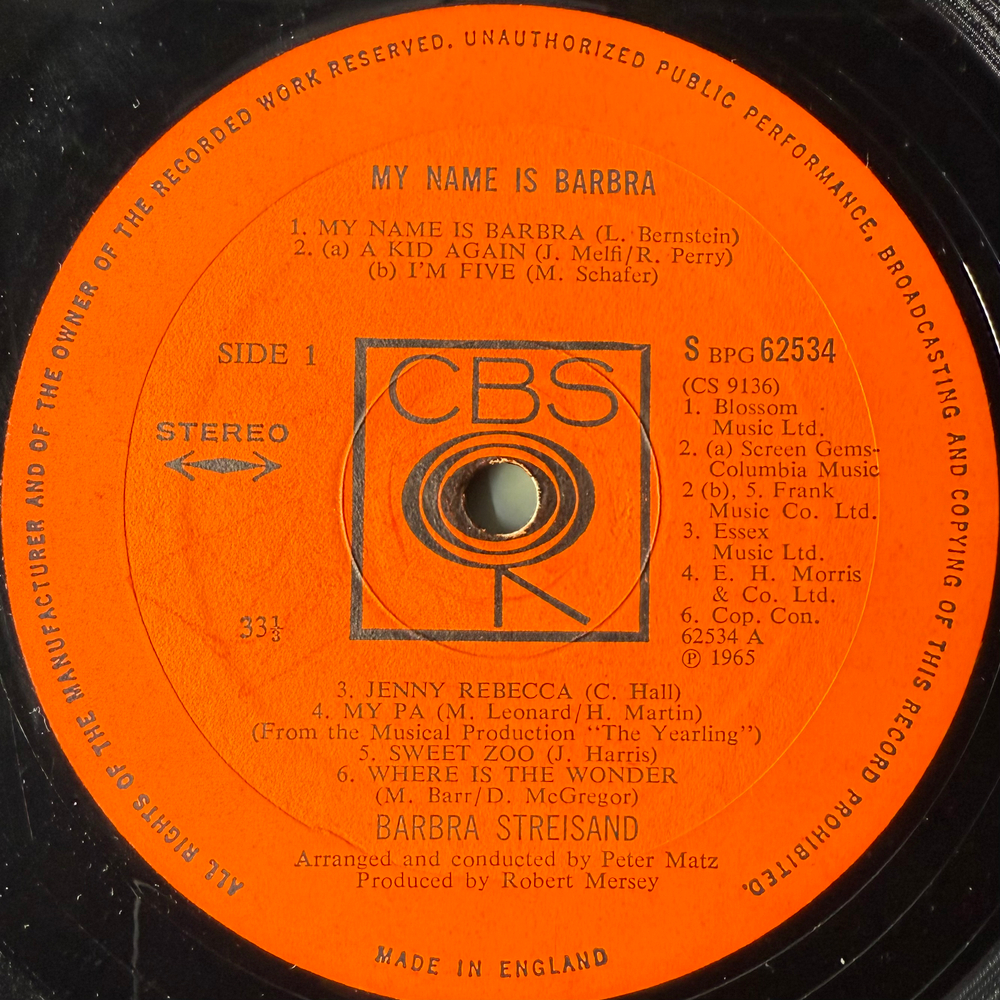 Barbra Streisand ‎– My Name Is Barbra (Англия 1965г.)