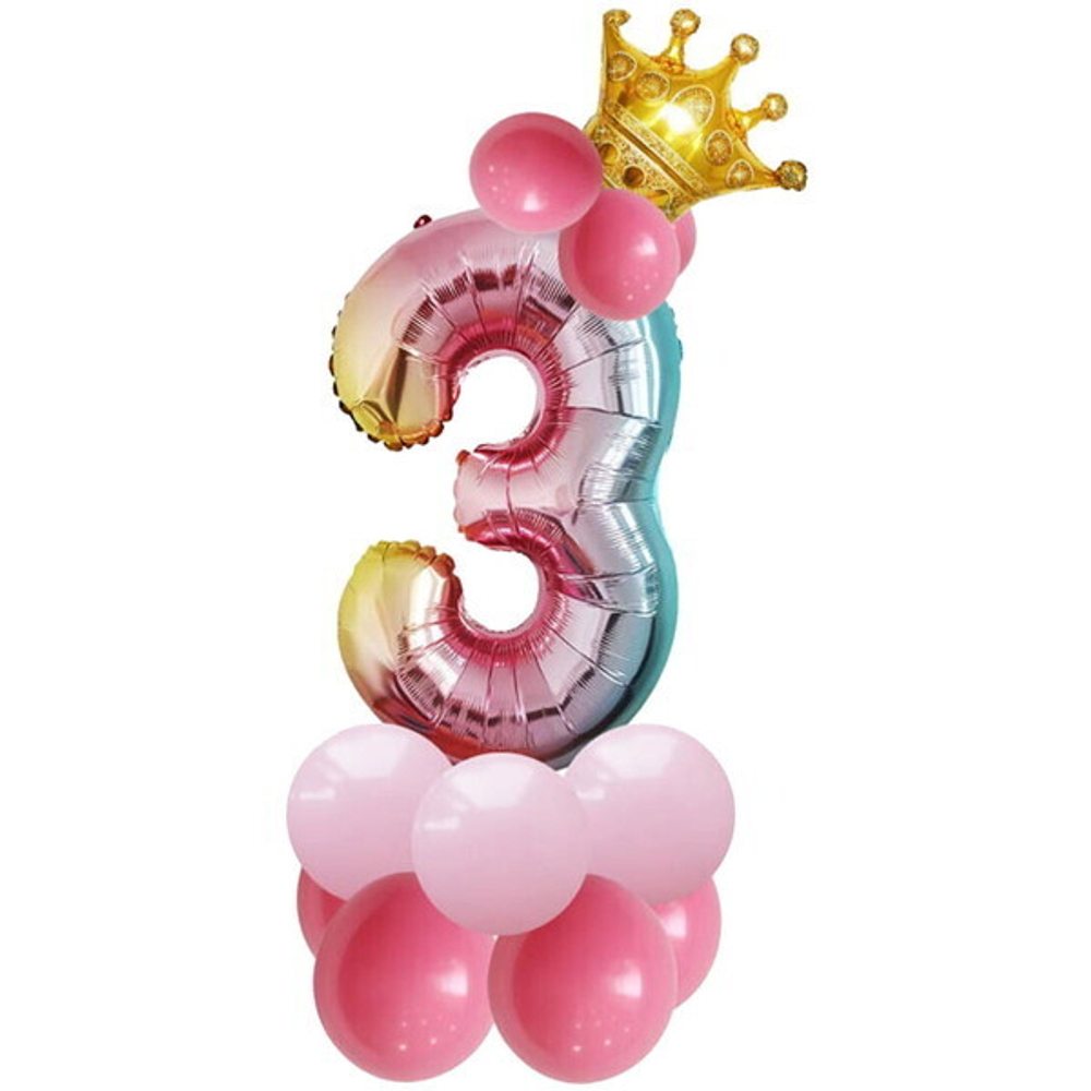 Шар фольгированный 81 см “Цифра 3” с набором шаров (розовый перелив)