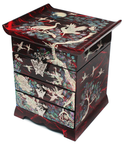 Шкатулка-сундучок Журавли ручной работы красная, Южная Корея 145x130x170мм