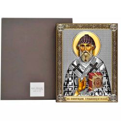 Святитель Спиридон Тримифунтский. Икона в серебряном окладе. 14 × 18 см.