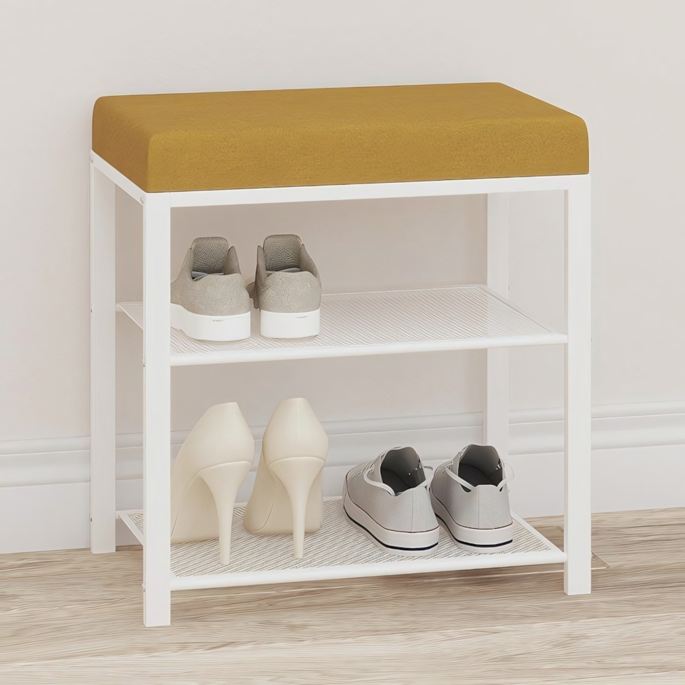 Банкетка для обуви 2-х полочная "Торонто 13S" цвет белый, цвет сиденья горчичный (ткань рогожка)