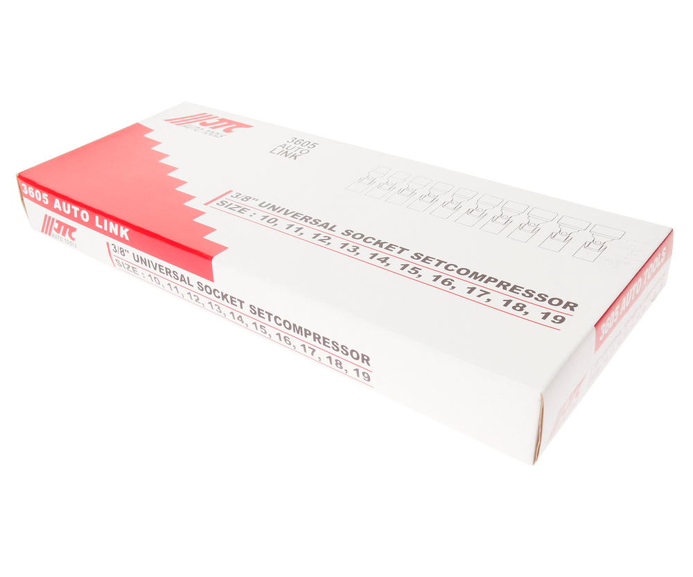 Набор головок торцевых 3/8" 6-ти гранных 10-19мм с карданом 10 предметов в кейсе JTC