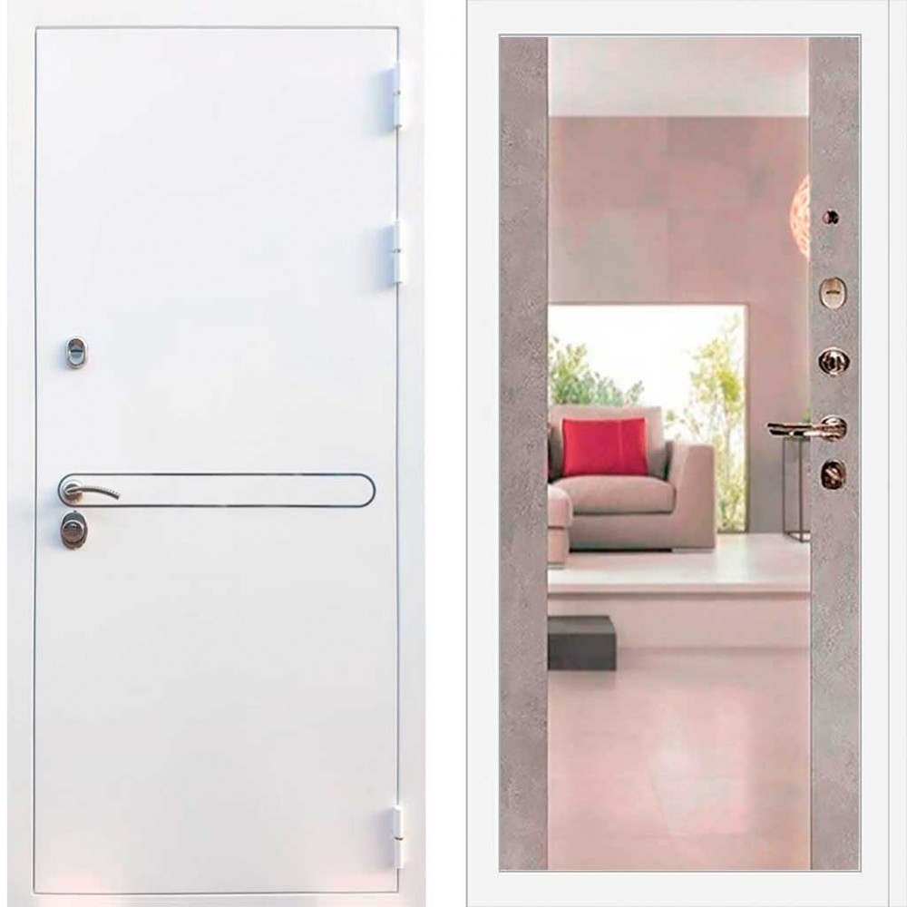 Входная металлическая дверь с зеркалом RеX (РЕКС) 27 Белая шагрень, декоративная вставка (100мм) / СБ-16 Бетон светлый 12мм