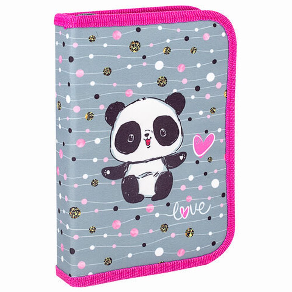 Пенал с наполнением BRAUBERG, 1 отделение, 1 откидная планка, 24 предмета, полиэстер, 21х14 см, "Funny panda", 270315