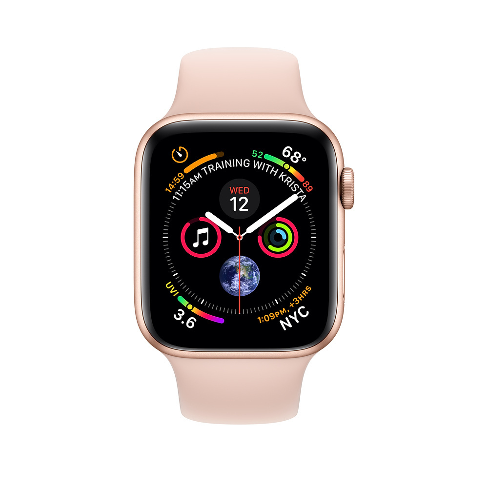 Apple Watch Series 4, 40 мм, корпус из алюминия золотого цвета, спортивный ремешок цвета «розовый песок»