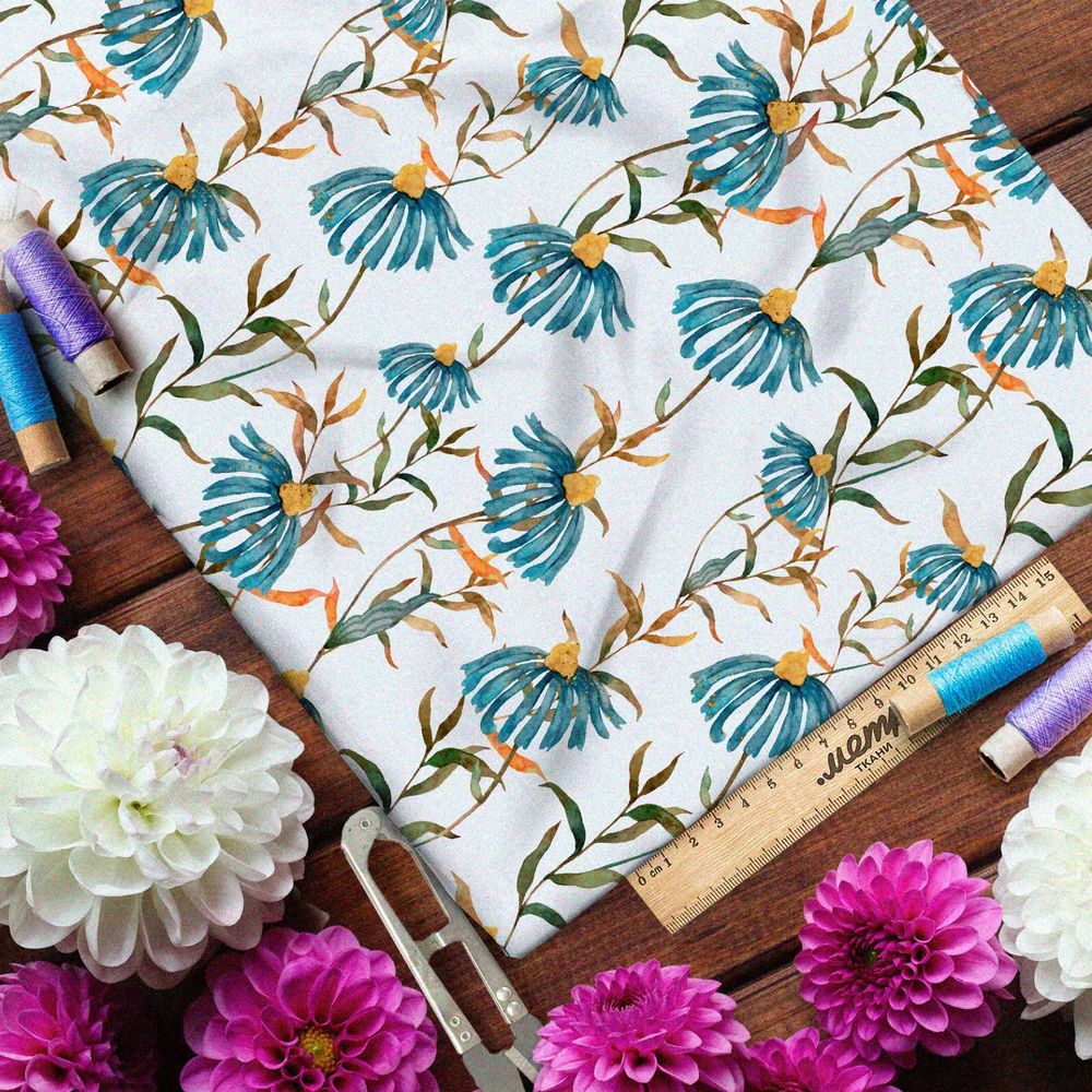 Ткань оксфорд 210 увядающие васильки с желтеющими стеблями