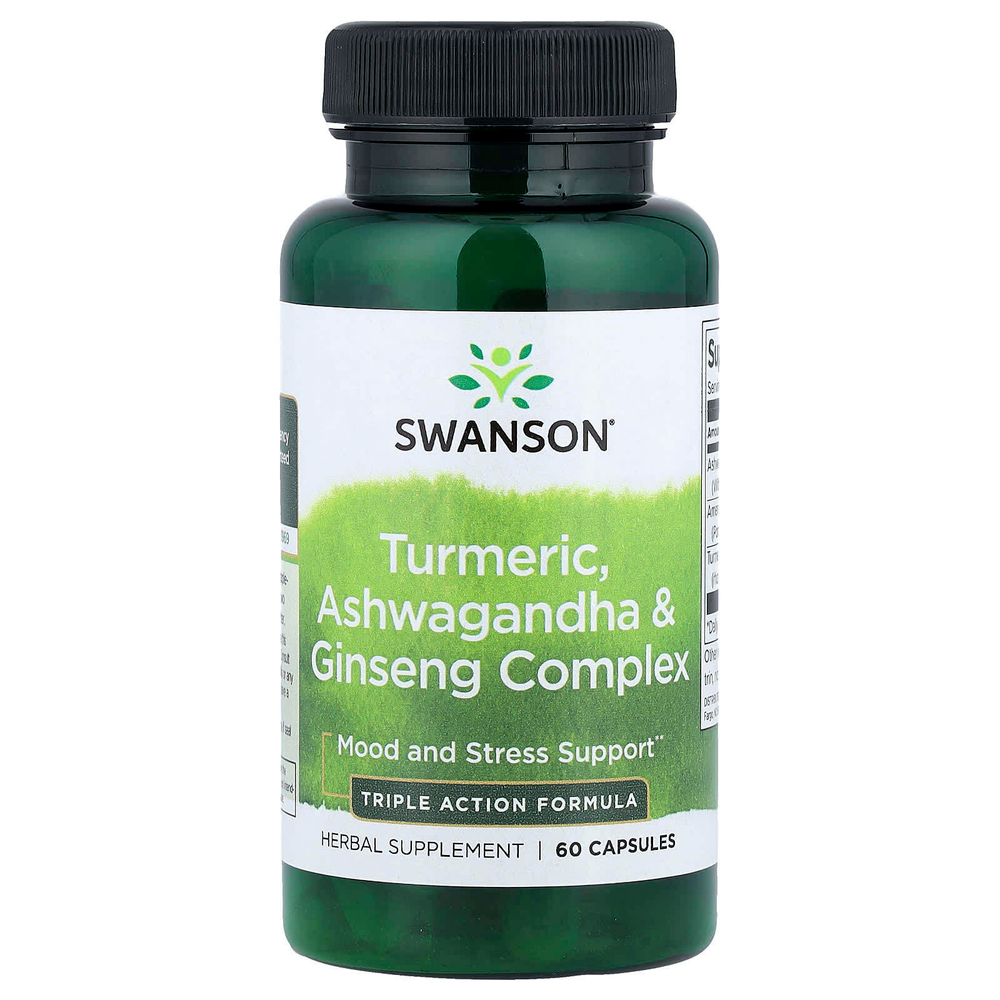 Swanson, Куркума, комплекс ашваганды и женьшеня, 60 капсул