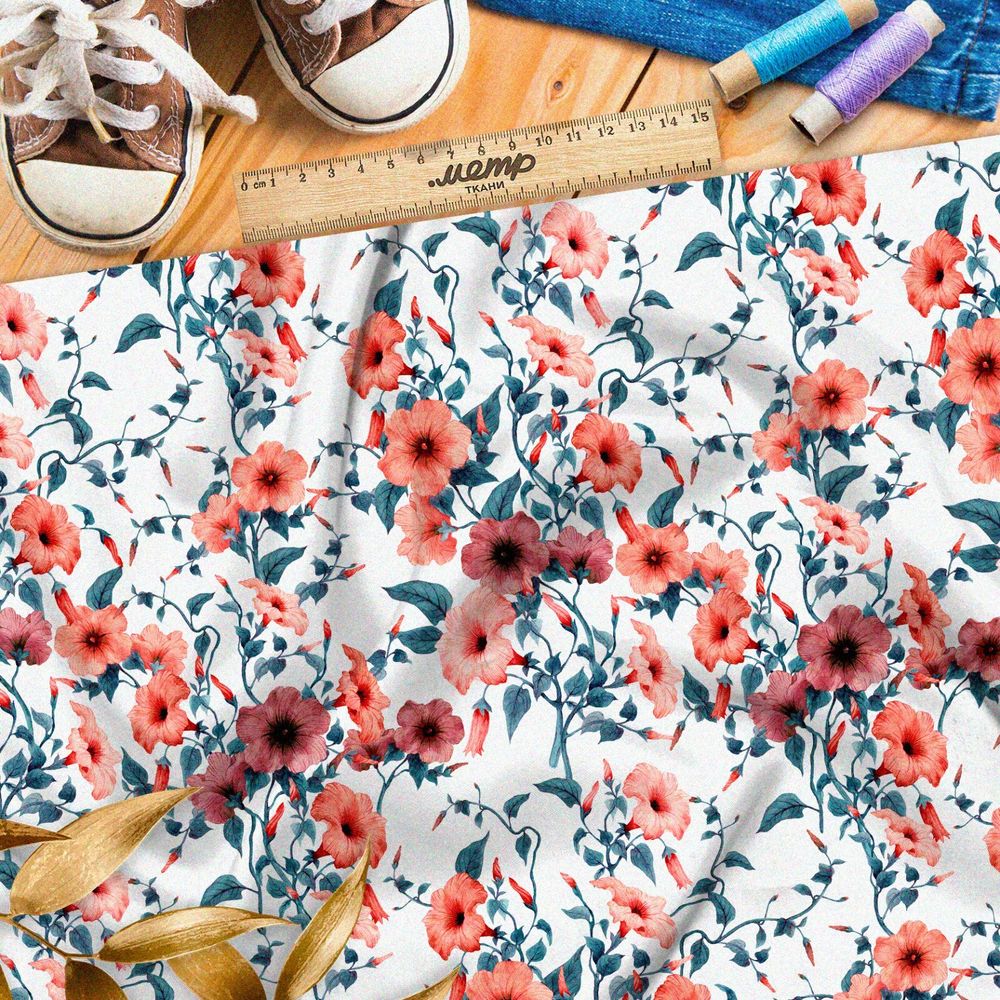 Ткань штапель полупрозрачные маки и витьеватая тёмная листва