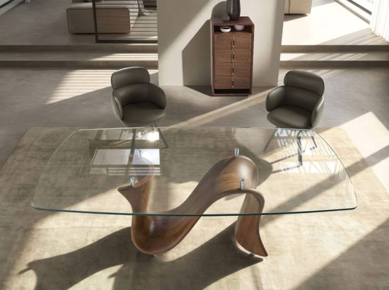 Овальный обеденный стол 1197 из закаленного стекла и ореха