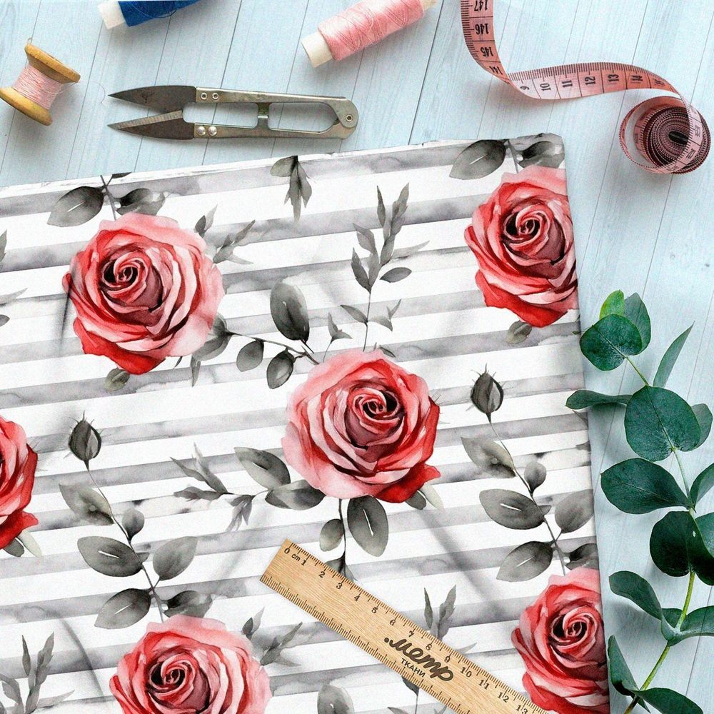 Ткань премиум таффета розы на серых полосках